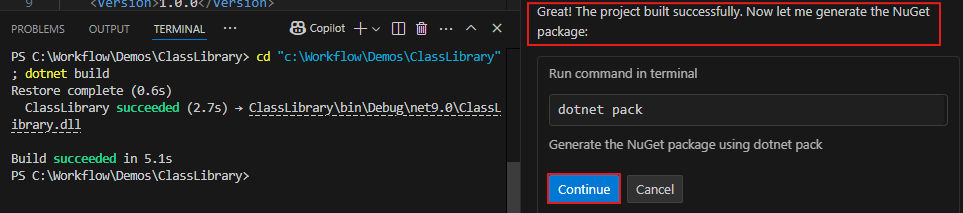 Screenshot showing the GitHub Copilot prompt asking for confirmation to generate the NuGet package.