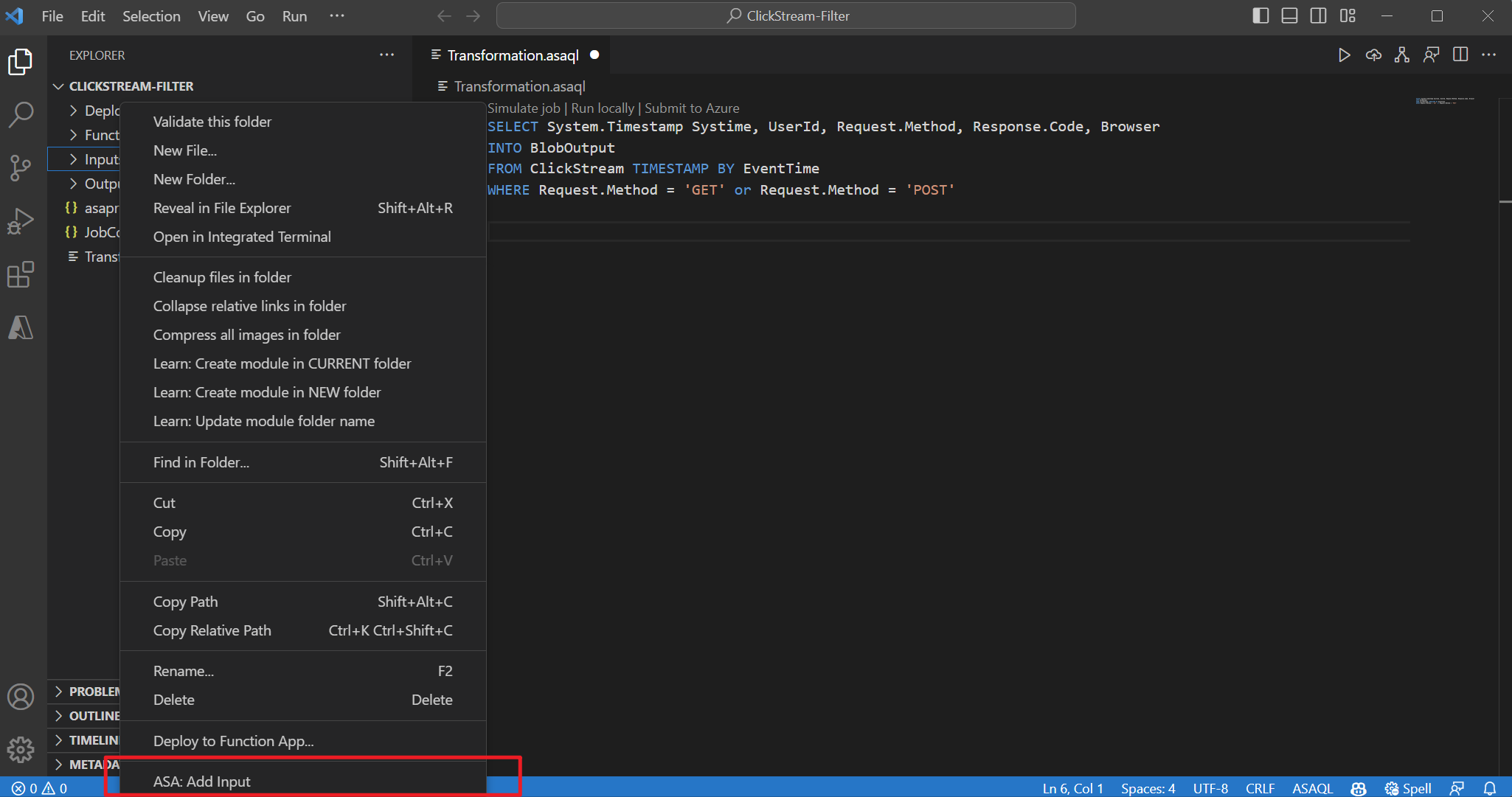 Screenshot of VS Code extension adding input via drop-down menu.