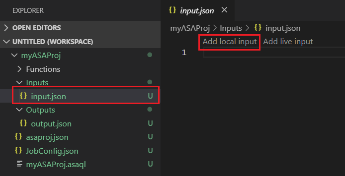 Screenshot of a Stream Analytics project in Visual Studio Code with Add local input selected from the top line.