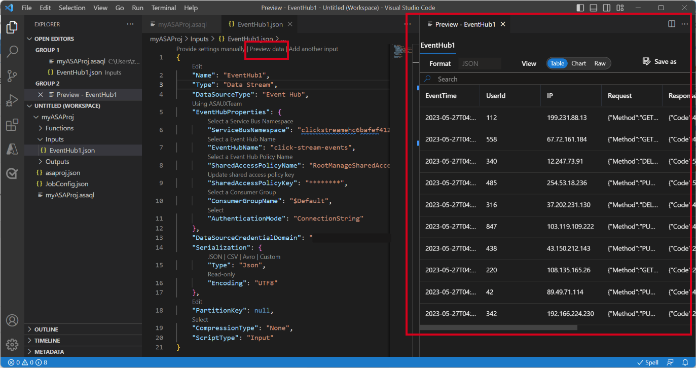 Screenshot of the input configuration file in Visual Studio Code with Preview data selected to fetch live input.