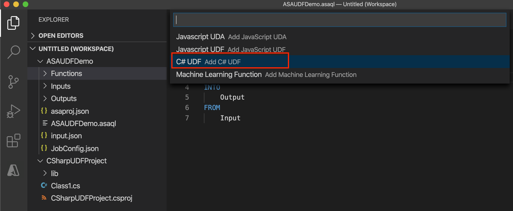 Screenshot of selecting a C# function from a Stream Analytics project in VS Code.