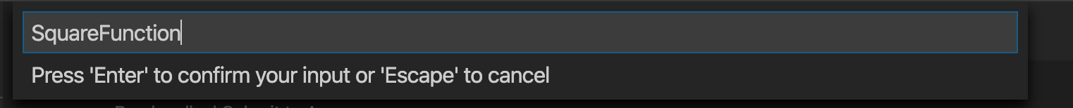 Screenshot of entering a C# function name in Visual Studio Code.