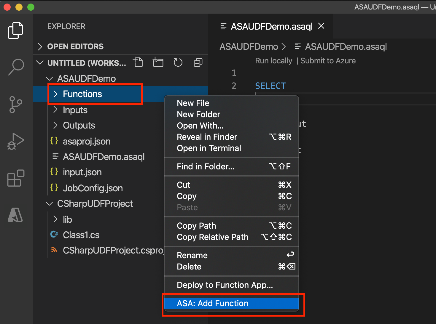 Screenshot of adding a new function in an Azure Stream Analytics project.