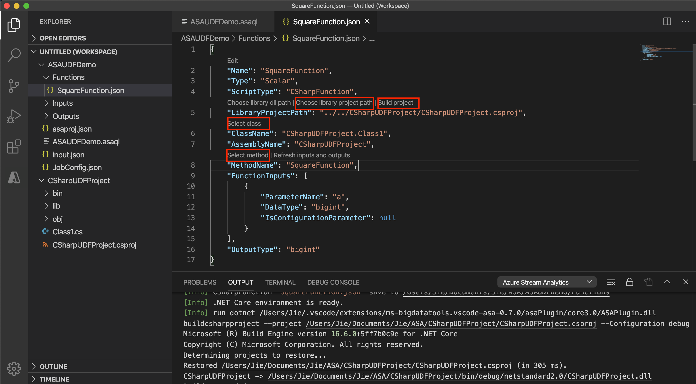 Screenshot of the Stream Analytics C# function configuration in VS Code.