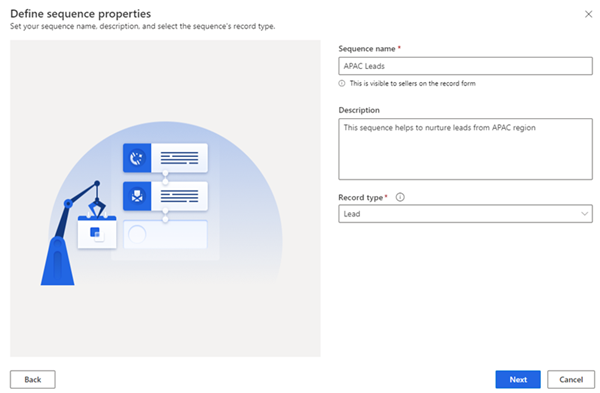 Skærmbillede af dialogboksen Opret en sekvens i Dynamics 365 Sales.
