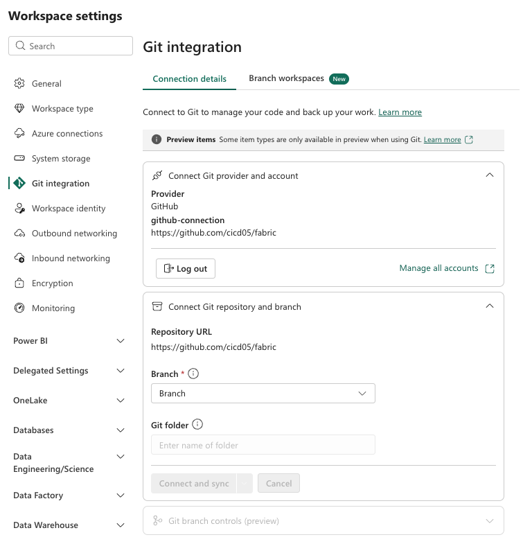 Skærmbillede for at GitHub forbindelse.