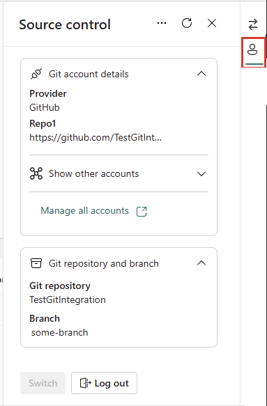 Skærmbillede af konti-fanen i Source control panel viser Git-detaljer samt repository- og grennavne.
