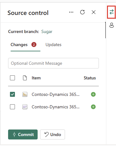 Skærmbillede af kilden control panel med status på de ændrede elementer.