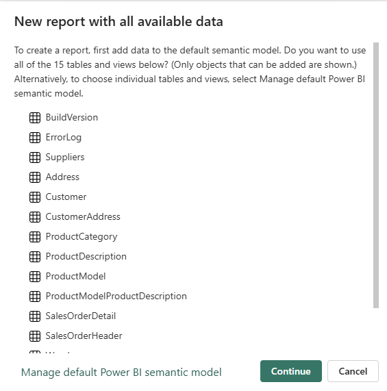 Skærmbillede af vinduet Ny rapport med alle tilgængelige data.