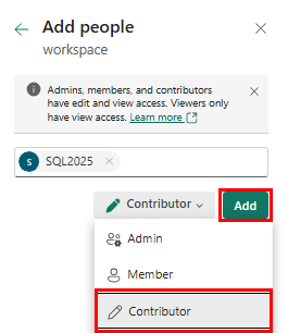 Skærmbillede af dialogboksen Tilføj personer, hvor du føjer hver node til rollen Fabric Contributor.
