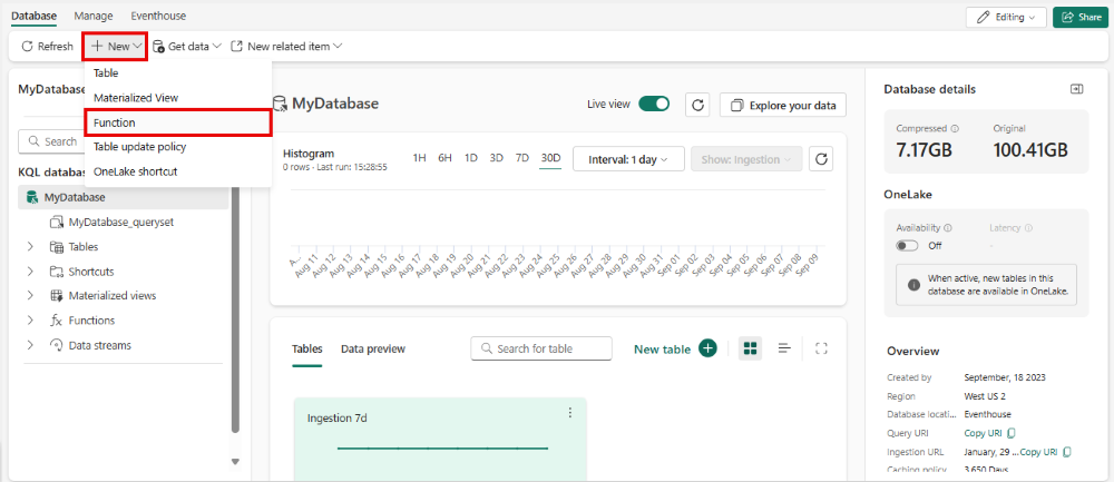 Skærmbillede af en KQL-database landingsside, der viser dropdown-menuen for nye muligheder. Muligheden med titlen Funktion er fremhævet.