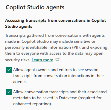 Skærmbilledet af afsnittet Copilot Studio-indstillinger for miljøer i Power Platform Administration.