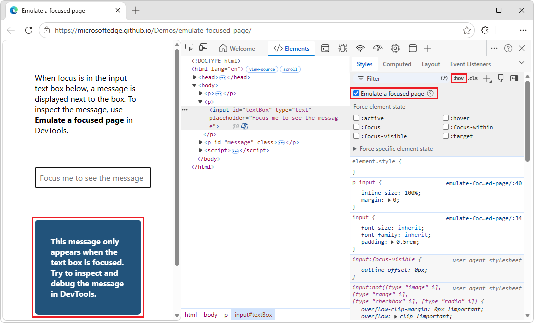 The Emulate a focused page checkbox selected