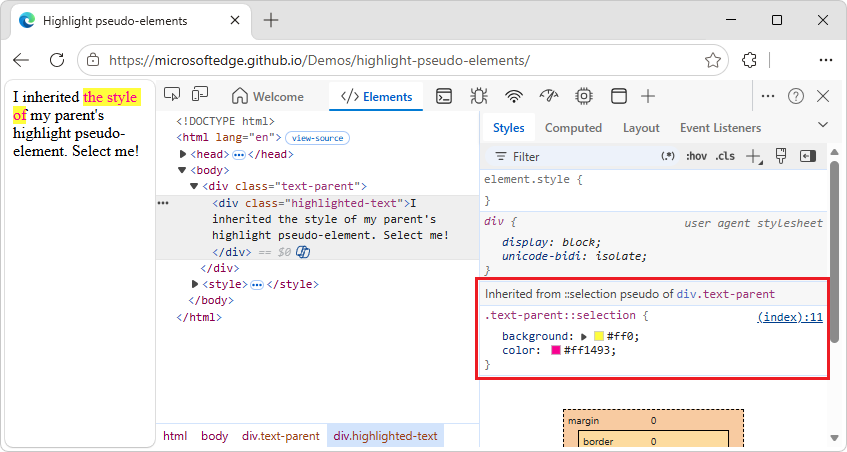 View the Inherited section in the Styles tab
