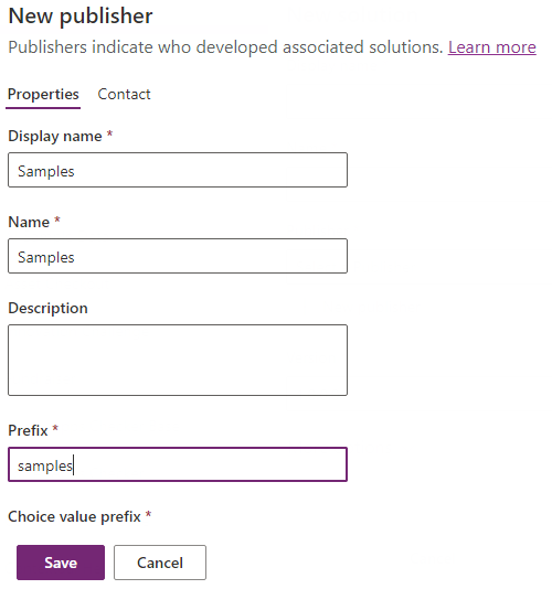 Screenshot of the Dataverse form for adding a solution publisher with the samples prefix.