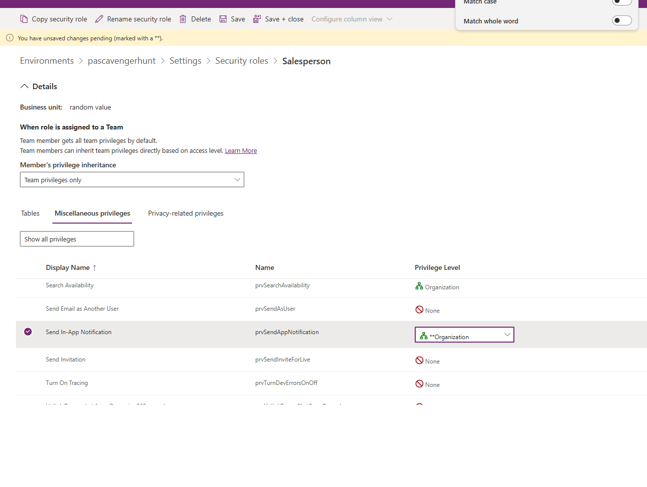 Screenshot of the privilege picker for assigning the Send In-App Notification privilege.