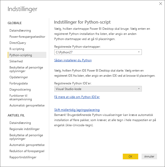 Skærmbillede af dialogboksen Indstillinger, der viser Visual Studio Code angivet i feltet Registreret Python IDE.