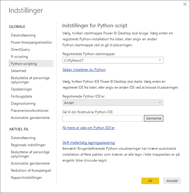Skærmbillede af dialogboksen Indstillinger, der viser Andet angivet i feltet Registreret Python IDE.