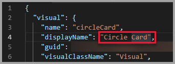 Skærmbillede af VS Code, som viser værdien for visningsnavnet, er sat til Circle Card.