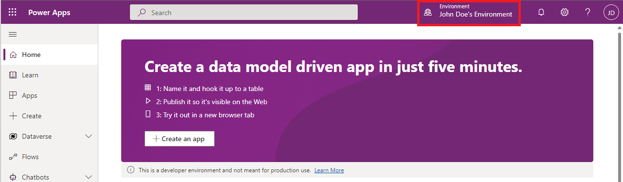 Screenshot of the developer environment in Power Apps after sign-up.