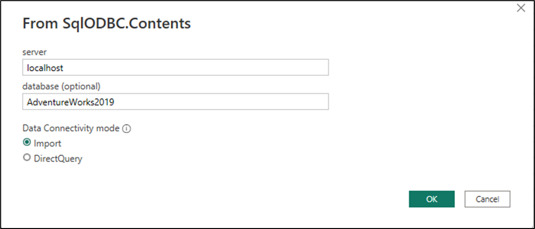 Skærmbillede af connector-dialog med server og database som parametre.
