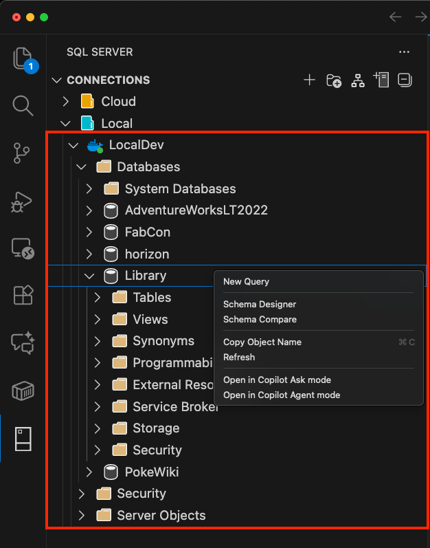 Screenshot showing the database context menu, selecting the Chat with this database option.