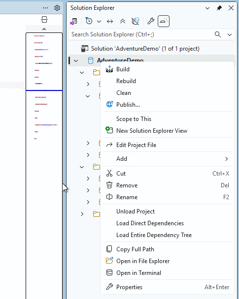 Screenshot of Solution Explorer showing SQL project build option.