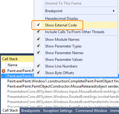 DebuggerMap_CallStackMenu Display external code using the Call Stack window