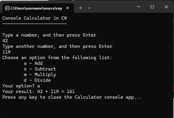 Screenshot that shows a Console window with the Calculator app with prompts.