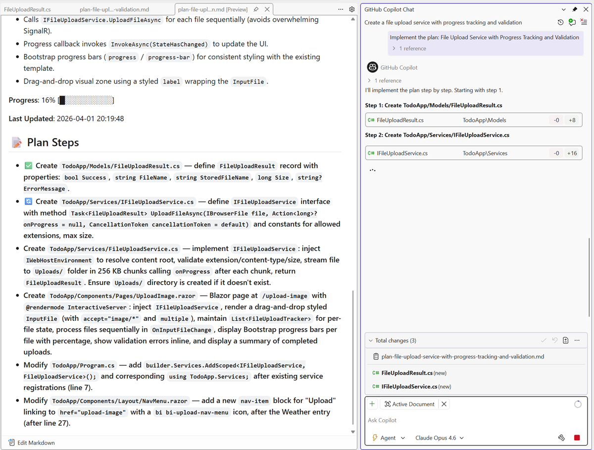Screenshot of Copilot Chat showing agent mode implementing a saved plan.