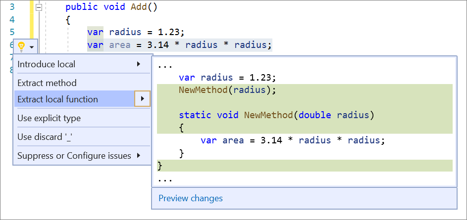 Screenshot of the Visual Studio code window with a line highlighted. The Quick Actions and Refactorings menu is open and Extract local function is selected.