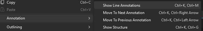 Screenshot of the Show Line Annotations menu item.