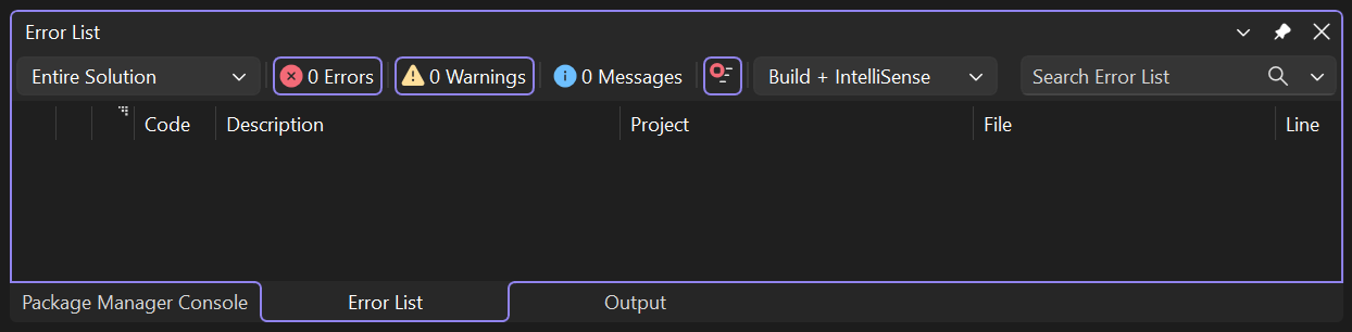 Screenshot of the Error List in Visual Studio.