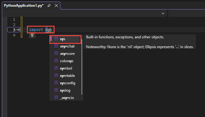 Screenshot that shows how IntelliSense displays the available modules for an import statement in the editor in Visual Studio.