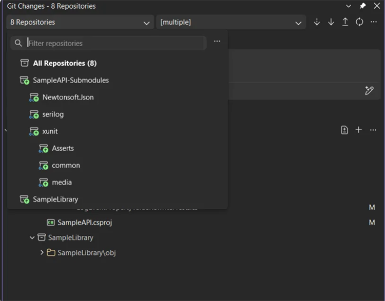 Screenshot of the repository picker in the Git Changes window showing parent repositories and their submodules.