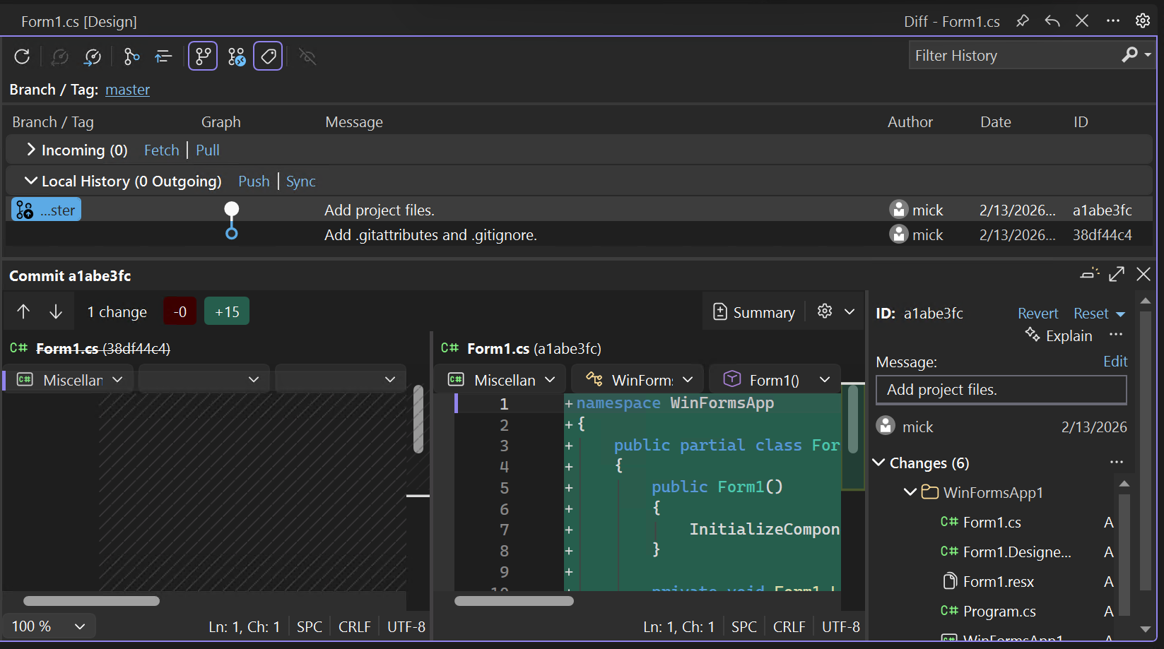 Screenshot that shows the Commit Details dialog in Visual Studio.