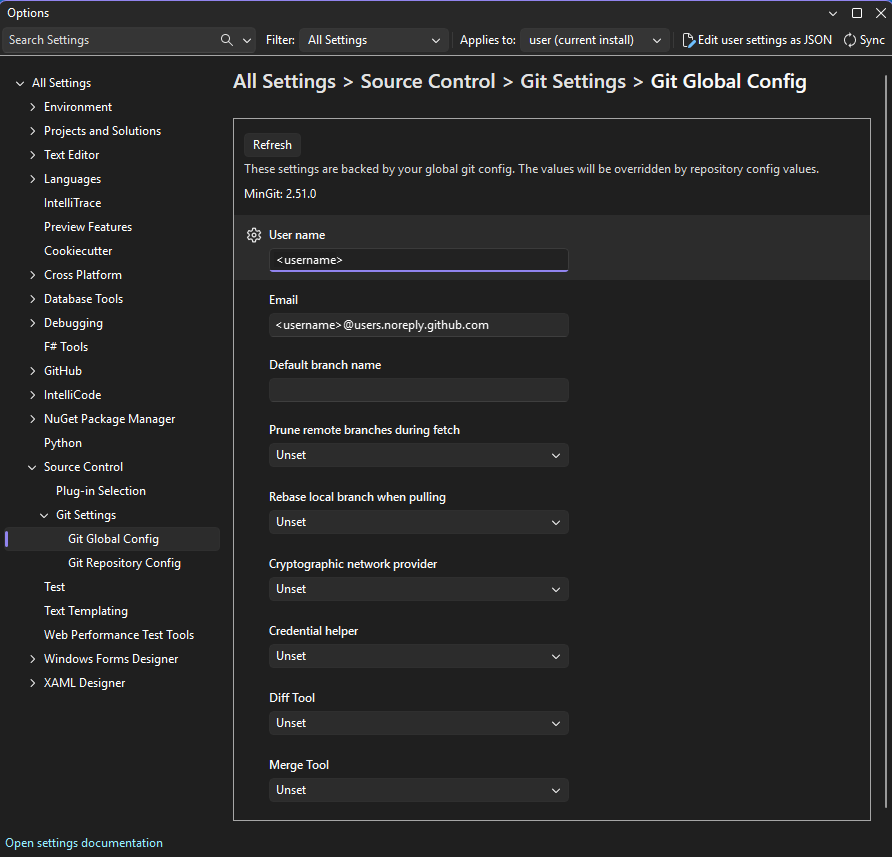 Screenshot of the Options pane showing the sections available under Git Settings.