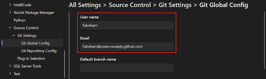 Screenshot of the Git Global Config settings in the Options pane with the user name and email highlighted.