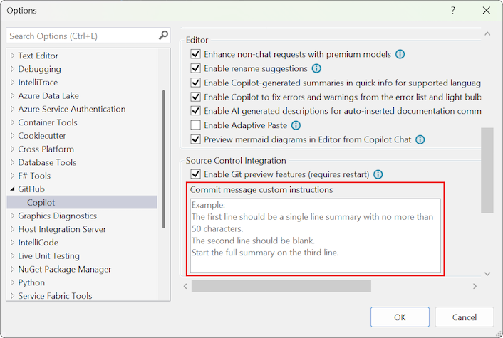 Screenshot showing Tools Options GitHub Copilot settings page with custom prompt for commit messages.