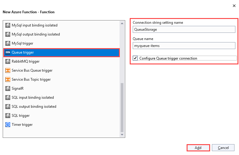 Screenshot des Dialogfelds Neue Azure-Funktion für einen Warteschlangentrigger, wobei der Name der Verbindungszeichenfolge auf QueueStorage und die Warteschlange auf 