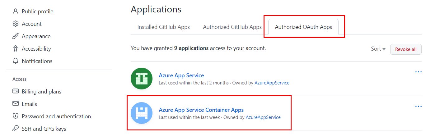Screenshot, der den Speicherort autorisierter Apps für einen Benutzer in GitHub zeigt.