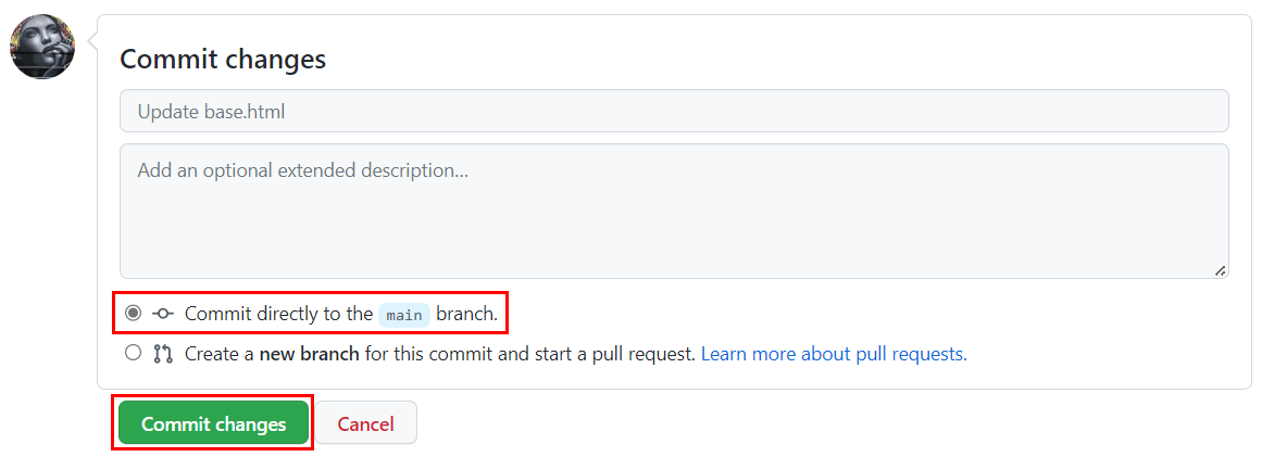 Screenshot, der die Auswahlmöglichkeiten für das Commit einer Änderung in einer Vorlagendatei im Fork des Beispiel-Repo zeigt.