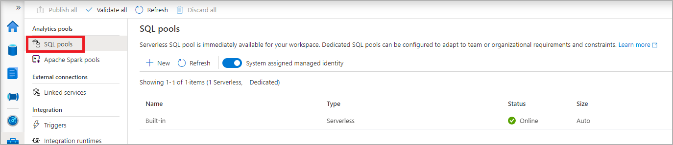 Screenshot des Synapse Studio-Verwaltungshubs mit ausgewählter SQL-Pools-Navigation.
