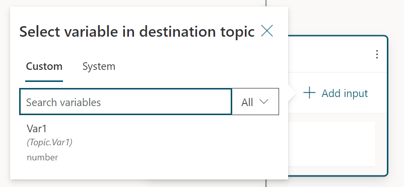 Screenshot des Erstellungscanvas, der die Auswahl der Variablen in dem umgeleiteten Thema zeigt.