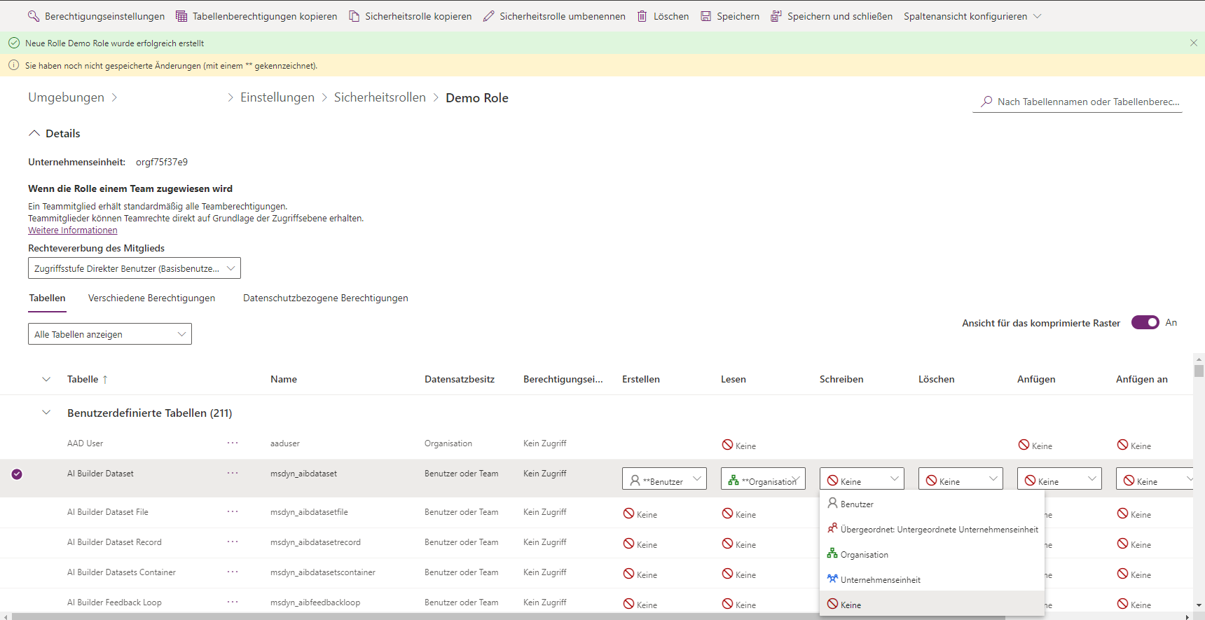 Screenshot der Sicherheitsrolle: Neue Einstellungen für die Sicherheitsrolle für jede Entität