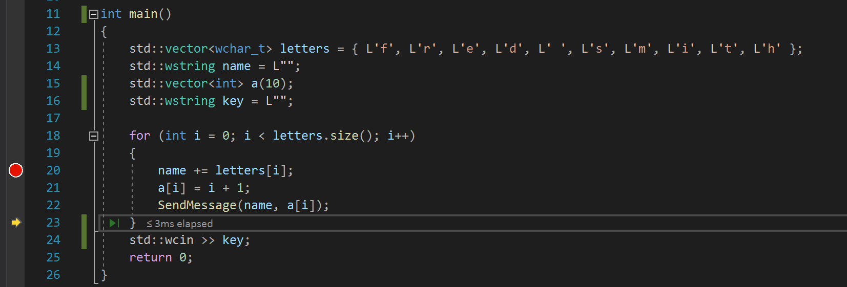 Screenshot, der zeigt, dass der Debugger über die SendMessage-Methode hinausgegangen ist und der gelbe Zeiger die Pausenposition anzeigt.