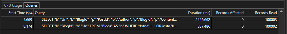 Screenshot der Datenbankabfragen im Datenbanktool.