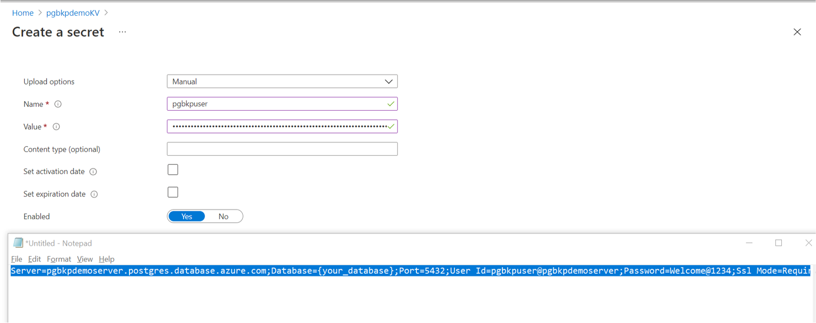 Screenshot that shows the pane for creating a secret and a Notepad file that contains a connection string.