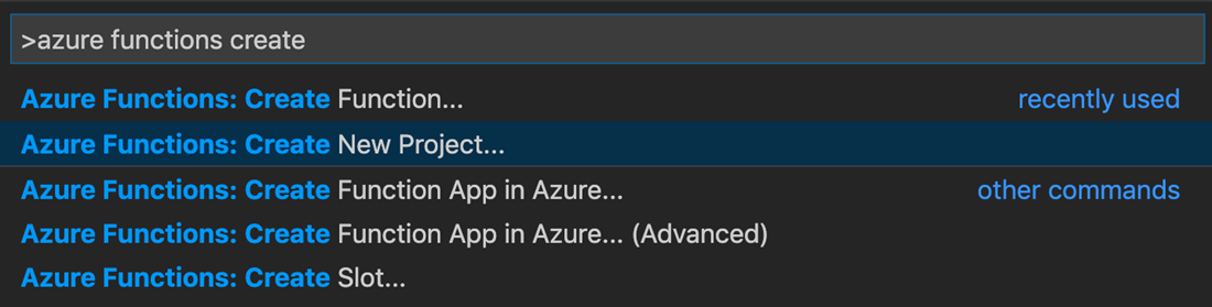 Screenshot of the Create New Project window in Visual Studio Code for Azure Functions.