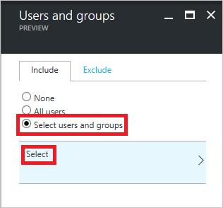 Screenshot of the Users and groups page with Select users and groups option highlighted.